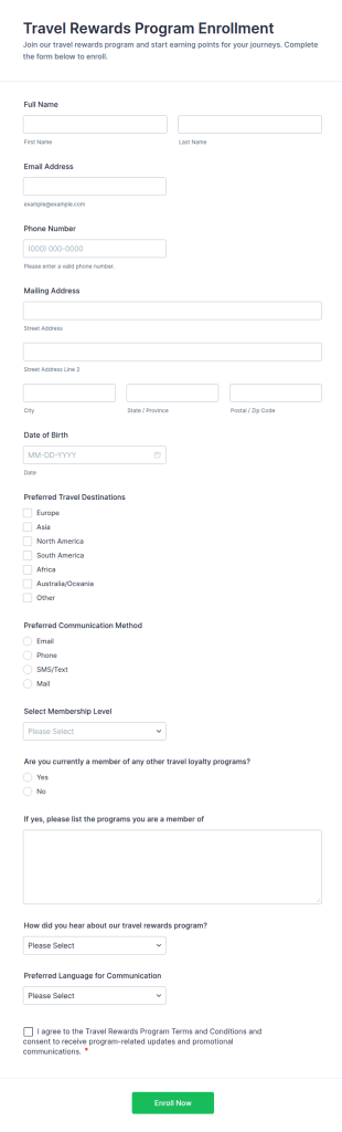 Travel Rewards Program Enrollment Form Template