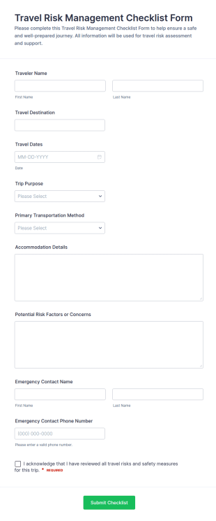 Travel Risk Management Checklist Form Template