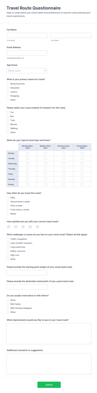 Travel Route Questionnaire Form Template