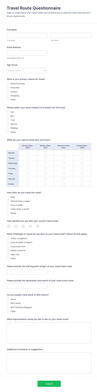 Travel Route Questionnaire Form Template