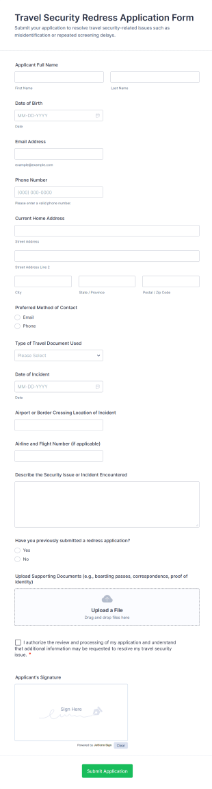 Travel Security Redress Application Form Template