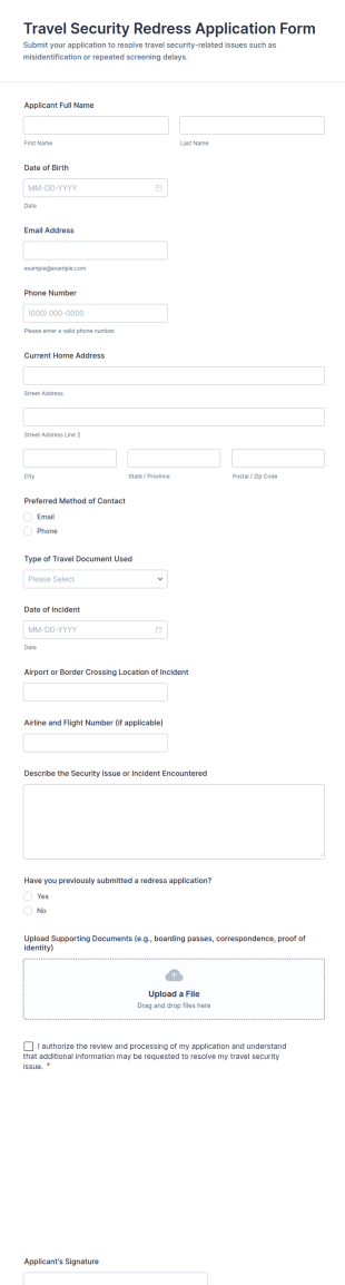 Travel Security Redress Application Form Template
