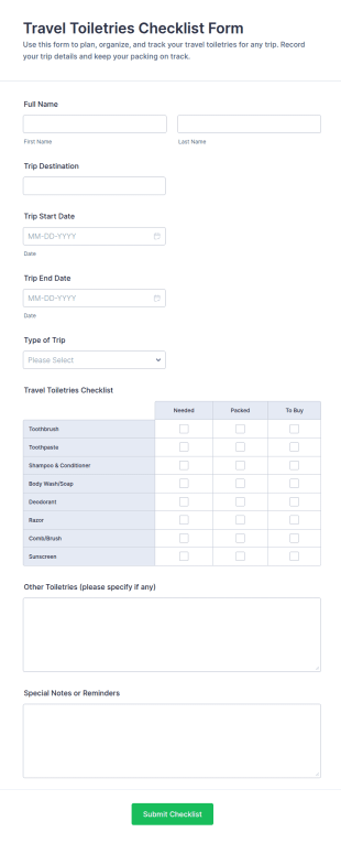 Travel Toiletries Checklist Form Template