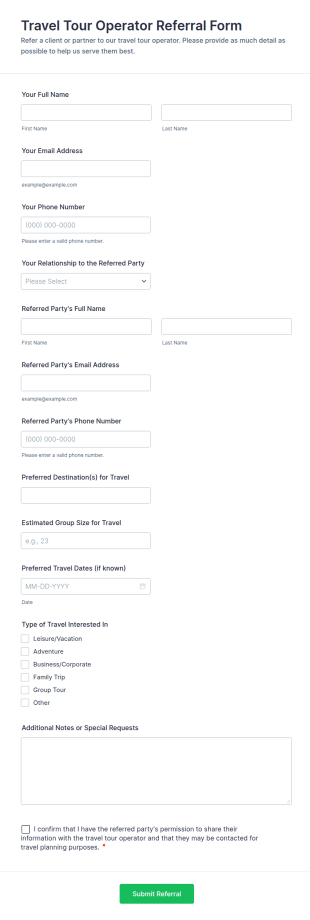 Travel Tour Operator Referral Form Template
