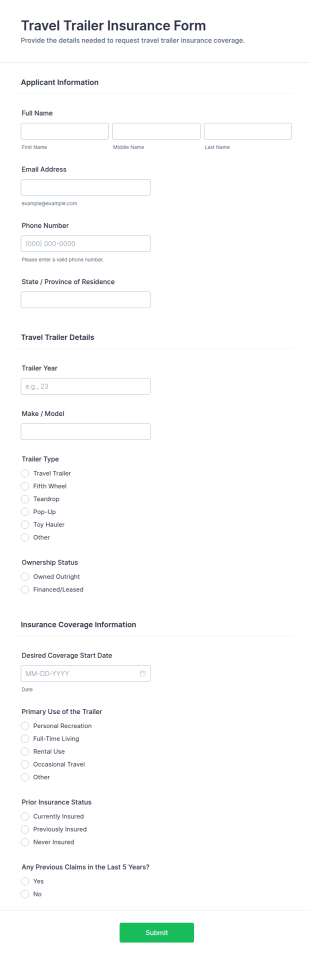 Travel Trailer Insurance Application Form Template