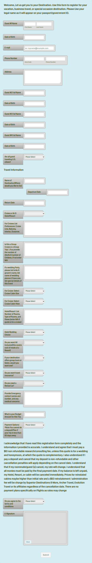 Travel Vacation Form Template