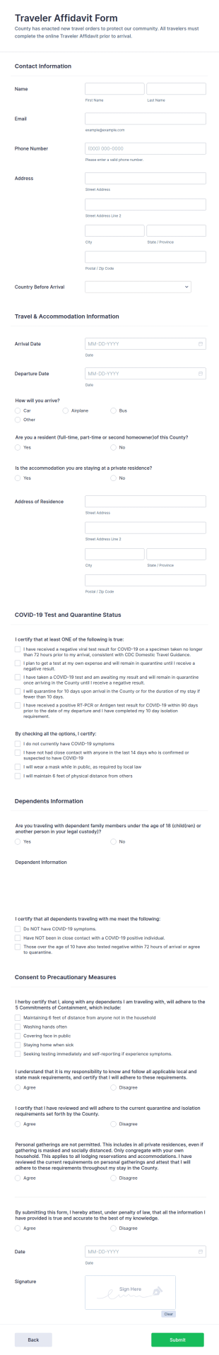 Traveler Affidavit Form Template