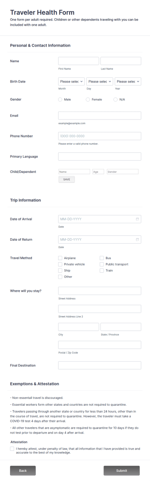 Traveler Health Form Template