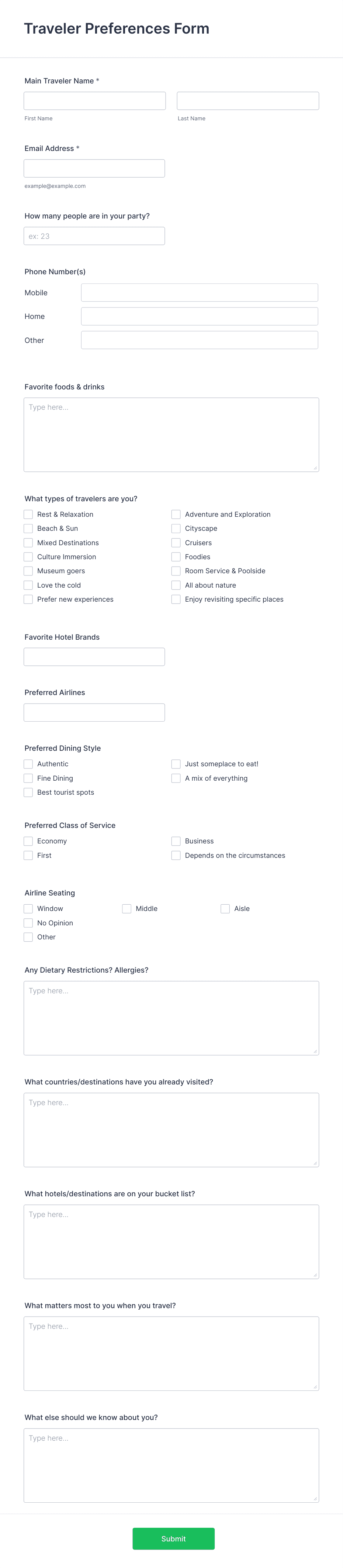 Traveler Preferences Form Template | Jotform