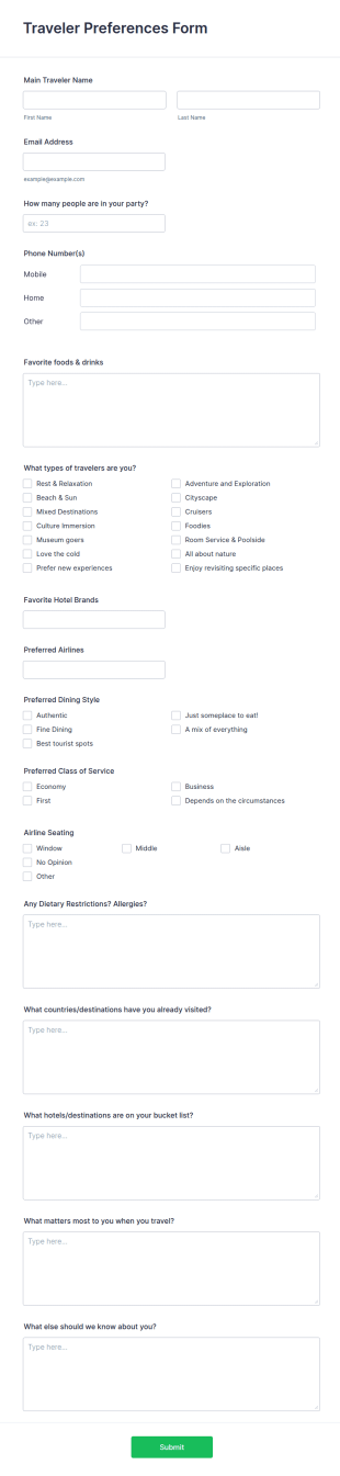 Traveler Preferences Form Template