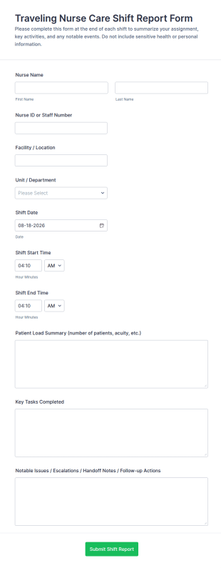 Traveling Nurse Care Shift Report Form Template