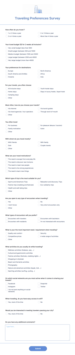 Traveling Preferences Survey Form Template