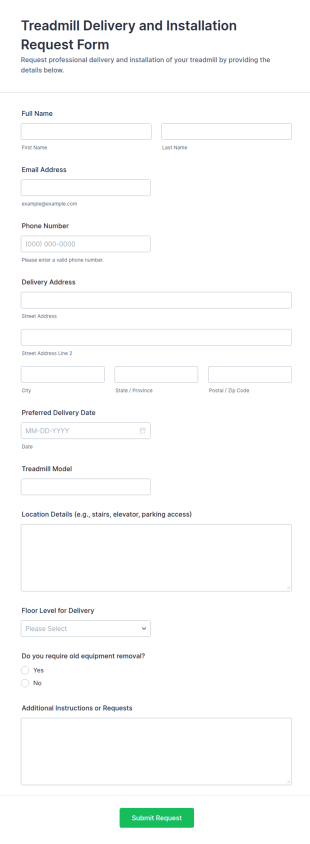 Treadmill Delivery And Installation Request Form Template