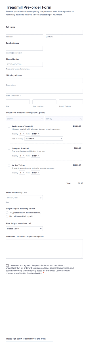 Treadmill Pre Order Form Template