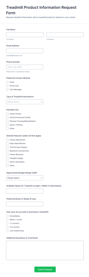 Treadmill Product Information Request Form Template