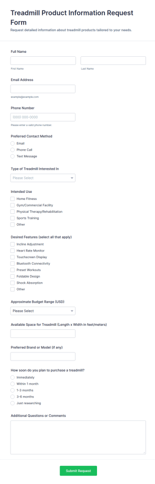 Treadmill Product Information Request Form Template