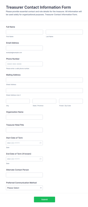 Treasurer Contact Information Form Template