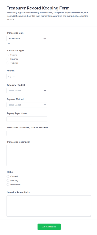 Treasurer Record Keeping Form Template