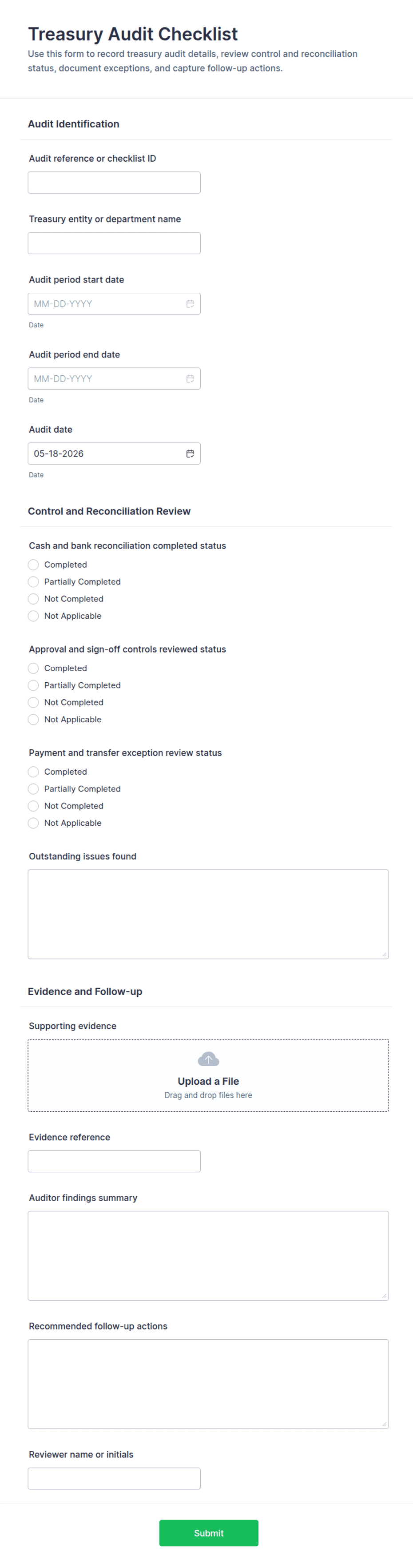 Treasury Audit Checklist Form Template | Jotform