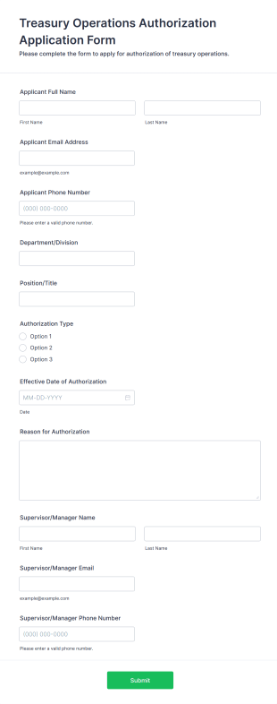 Treasury Operations Authorization Application Form Form Template