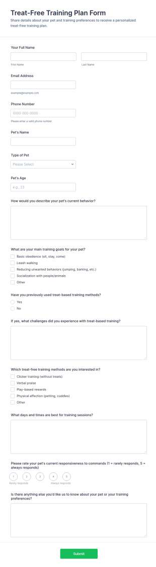 Treat Free Training Plan Form Template