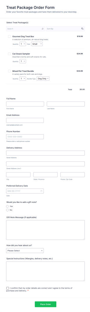 Treat Package Order Form Template