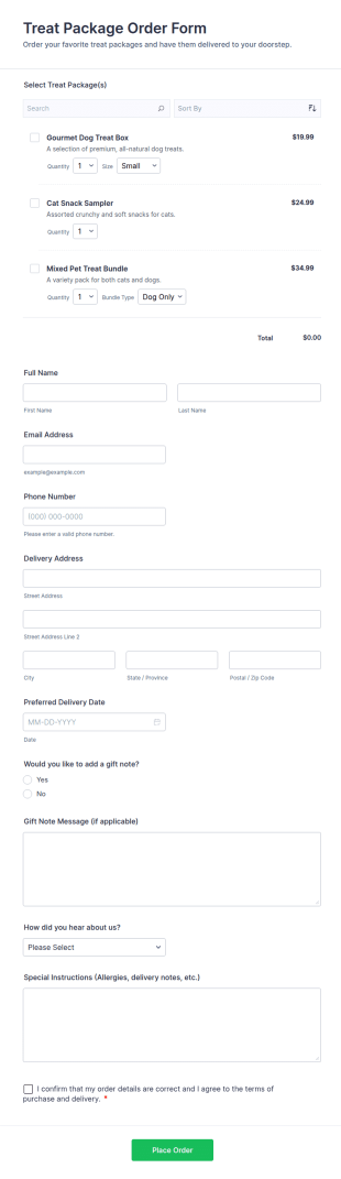 Treat Package Order Form Template