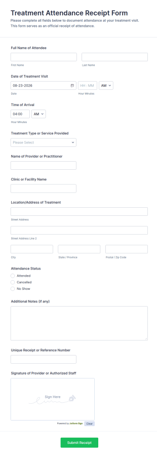 Treatment Attendance Receipt Form Template