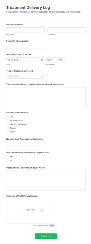 Treatment Delivery Log Form Template