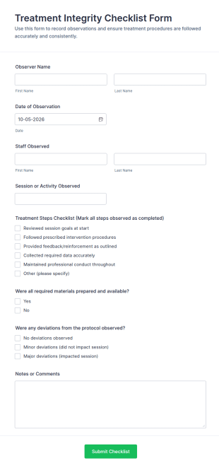 Treatment Integrity Checklist Form Template