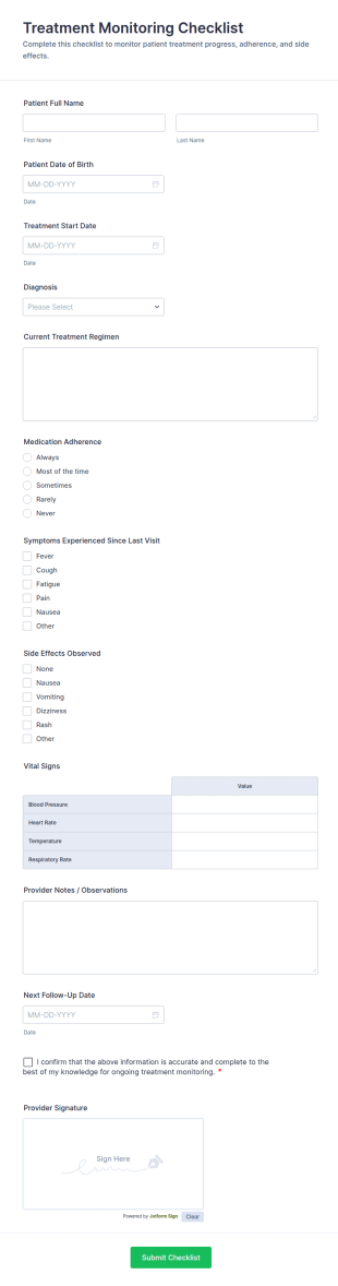 Treatment Monitoring Checklist Form Template