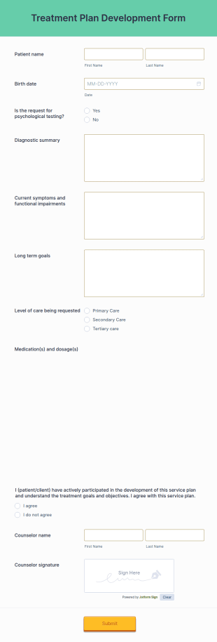 Treatment Plan Development Form Template