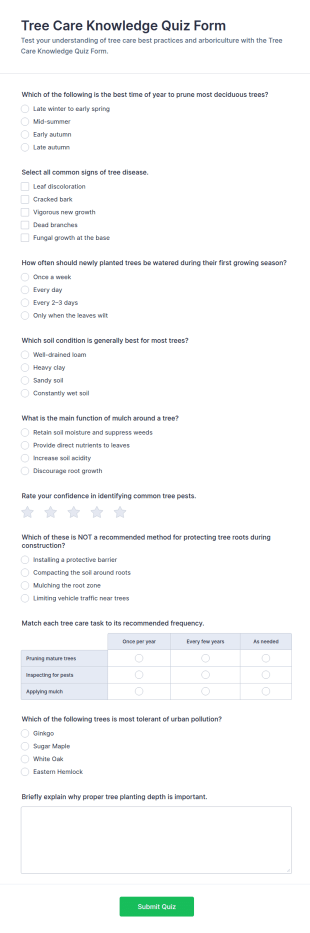 Tree Care Knowledge Quiz Form Template