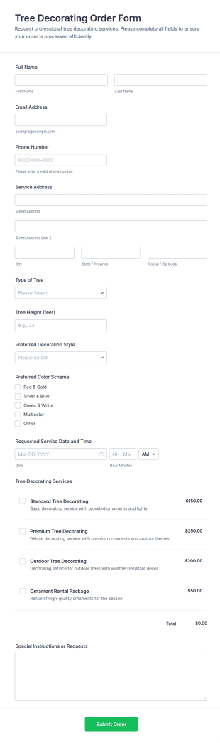 Tree Decorating Order Form Template