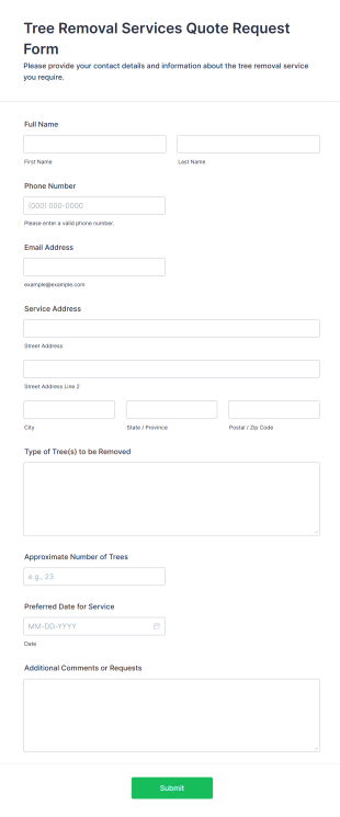 Tree Removal Services Quote Request Form Form Template