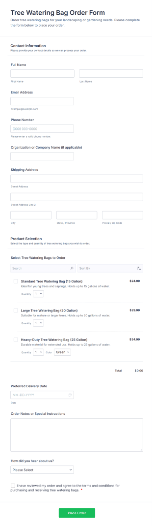 Tree Watering Bag Order Form Template
