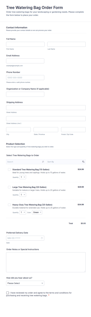 Tree Watering Bag Order Form Template