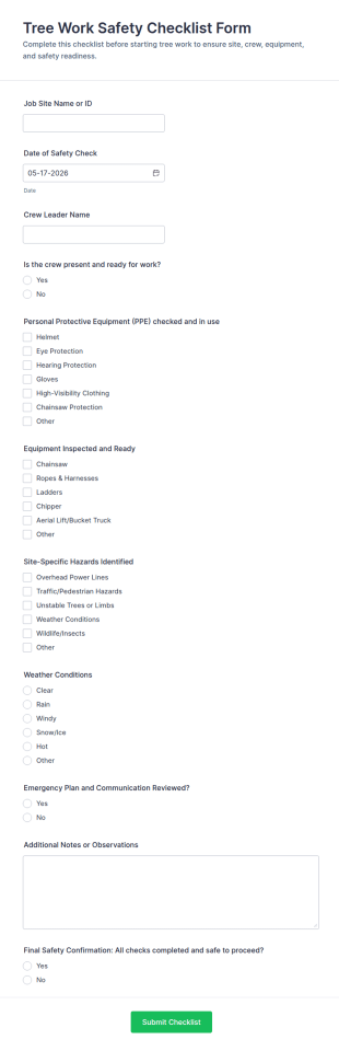 Tree Work Safety Checklist Form Template
