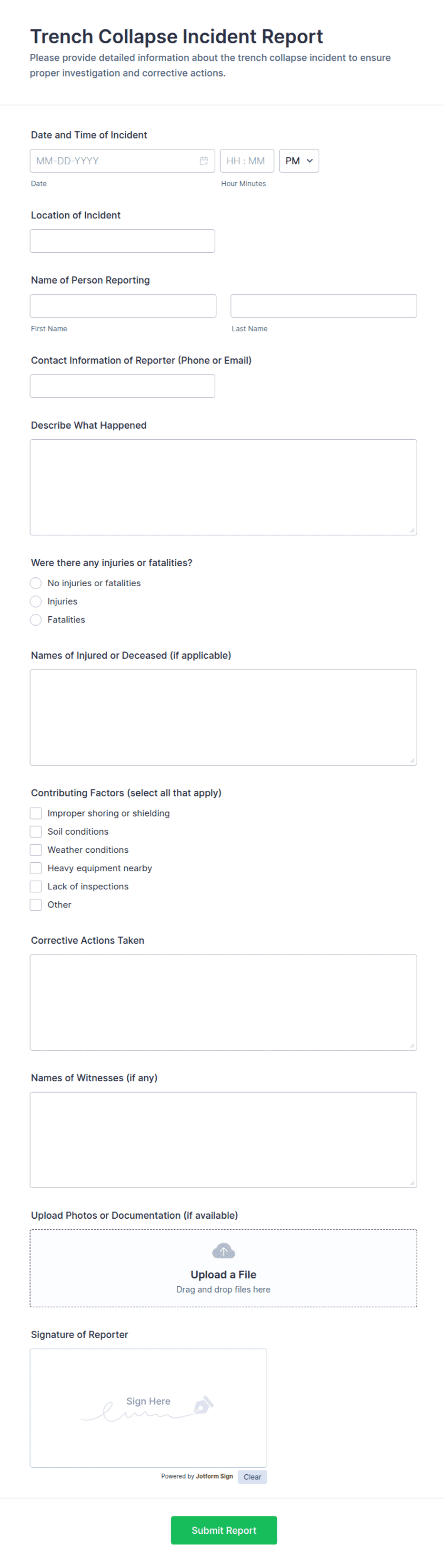 Trench Collapse Incident Report Form Template | Jotform