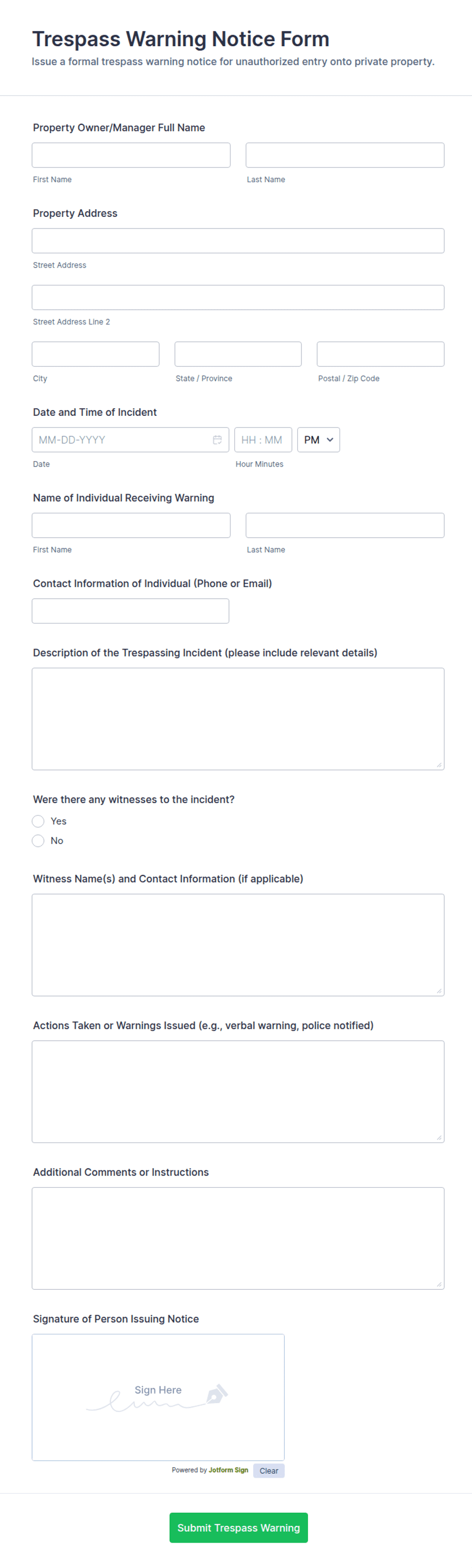 Trespass Warning Notice Form Template | Jotform