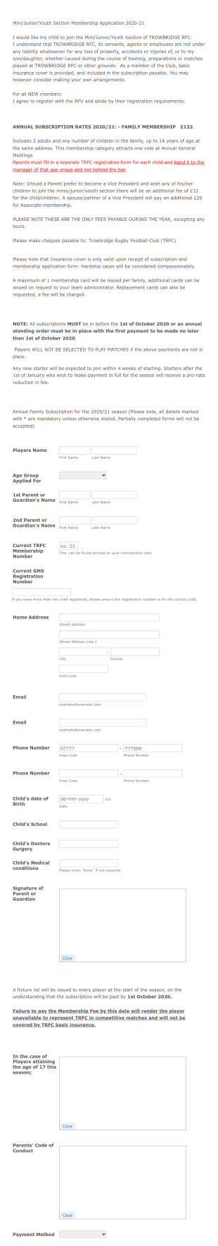 Rugby Football Club Registration Form Template