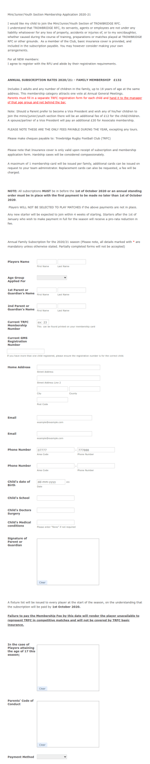 Rugby Football Club Registration Form Template