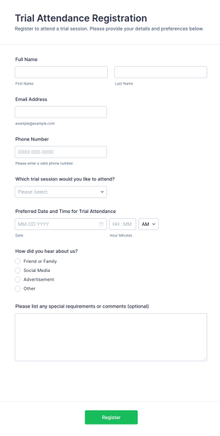 Trial Attendance Registration Form Template