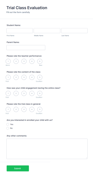 Trial Class Evaluation Form Template