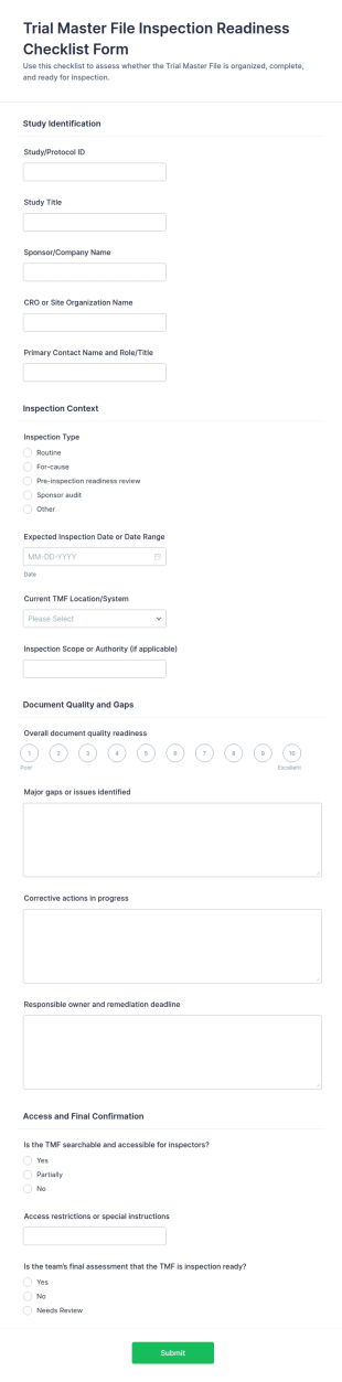Trial Master File Inspection Readiness Checklist Form Template