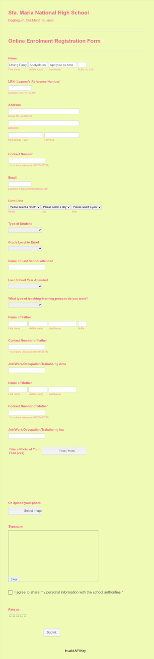 Trial Version: Sta..Maria National High School Online Enrolment S.Y.2020 2021 Form Template