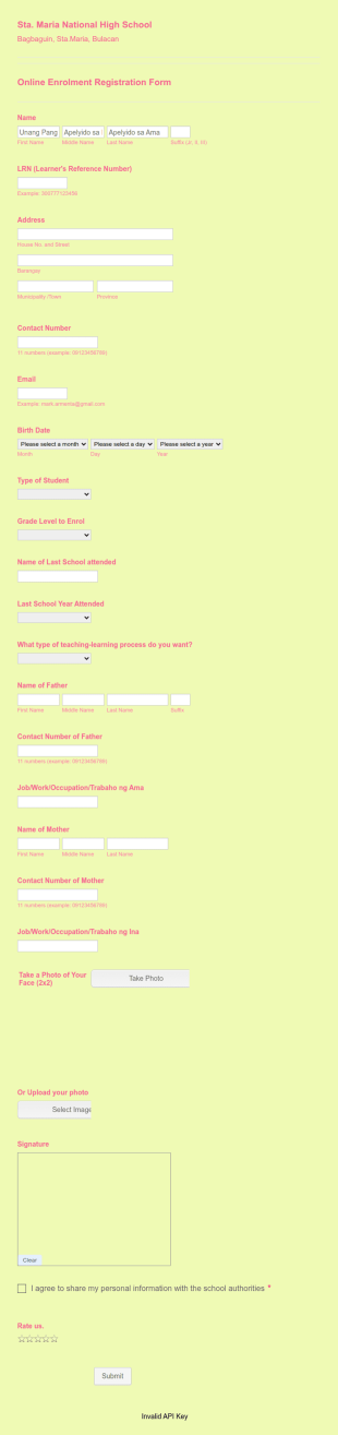 Trial Version: Sta..Maria National High School Online Enrolment S.Y.2020 2021 Form Template