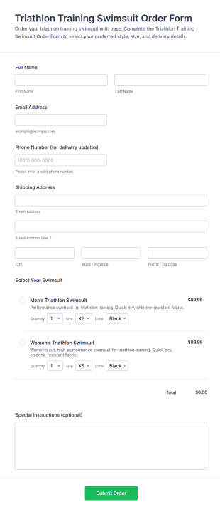 Triathlon Training Swimsuit Order Form Template