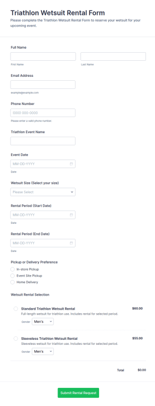 Triathlon Wetsuit Rental Form Template