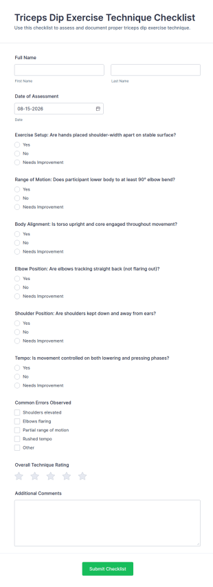 Triceps Dip Exercise Technique Checklist Form Template